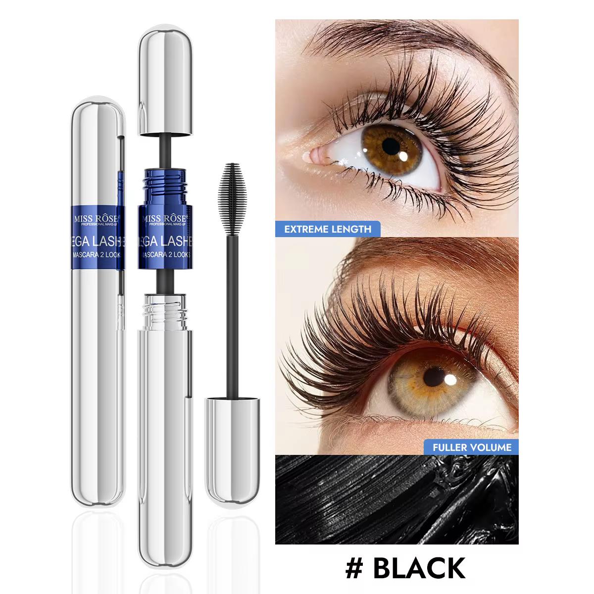 Ensemble de mascara noir MISS ROSE, mascara volumisant allongeant et recourbant à grande brosse, base de mascara waterproof, maquillage pour les yeux, cosmétique