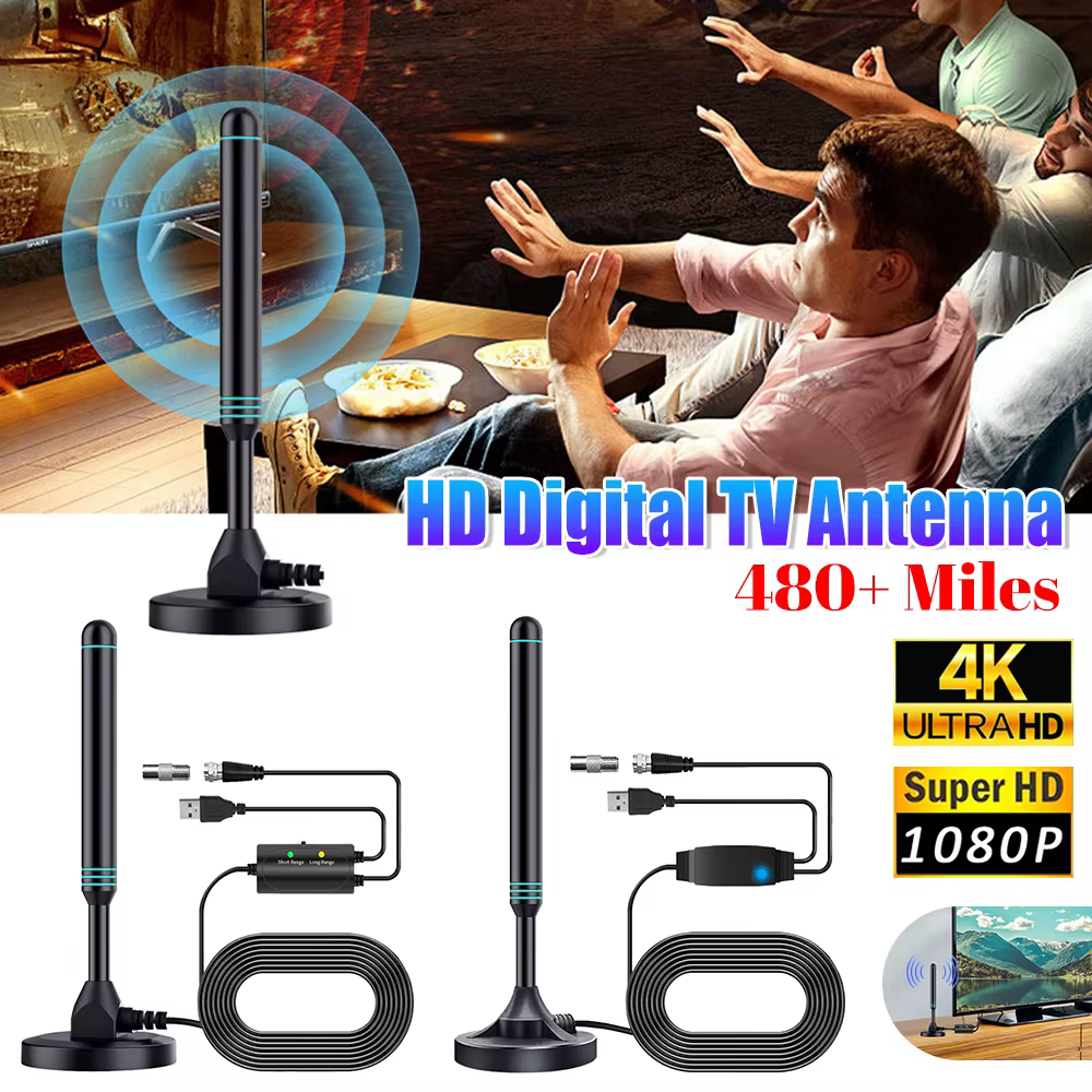 Antenne de télévision numérique HD 4K/1080P avec amplificateur de Signal, antenne intérieure et extérieure de plus de 480 Miles, Base magnétique VHF UHF, antenne numérique HD