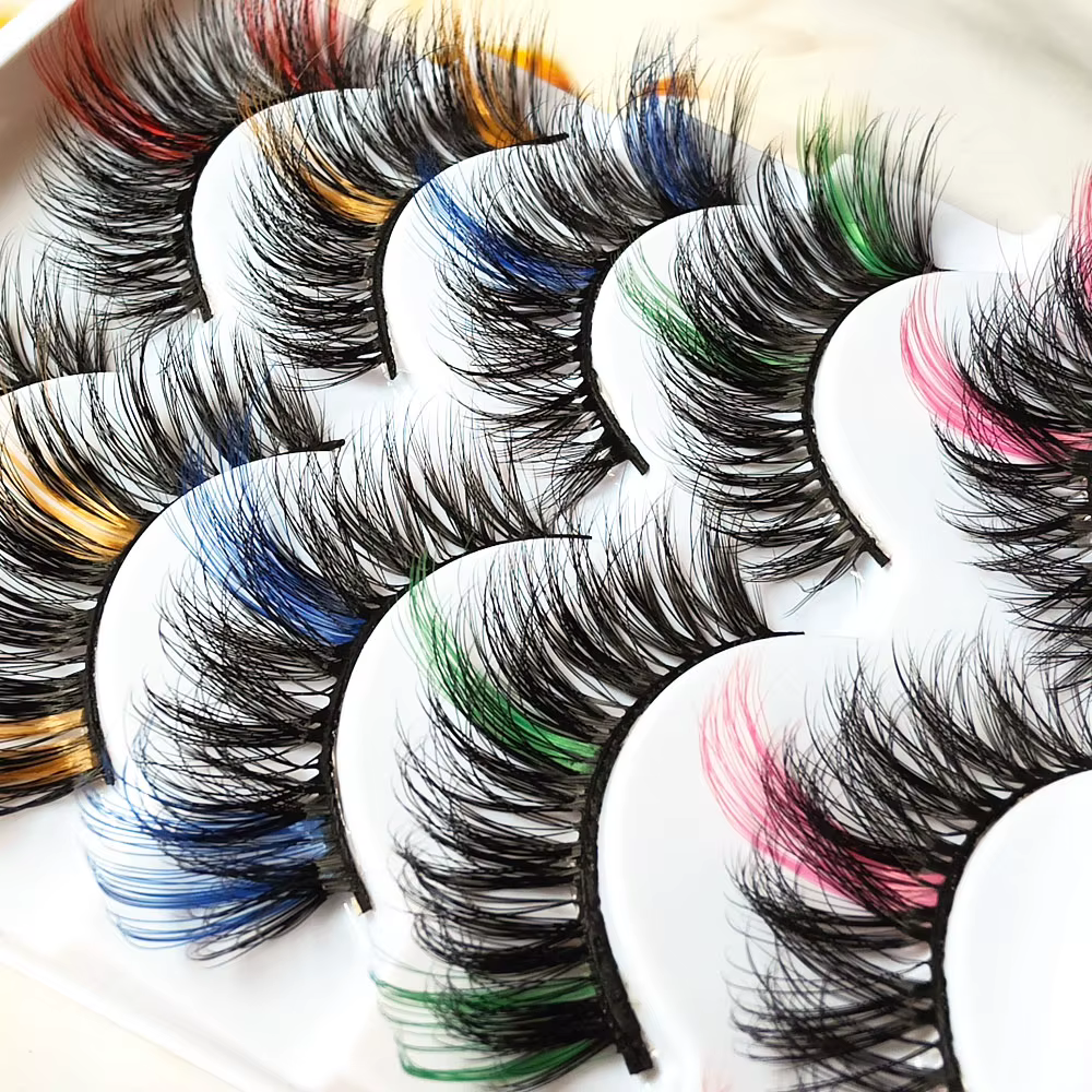 Faux cils colorés en faux vison, dramatiques, moelleux, doux, faits à la main, maquillage, beauté, vente en gros, document