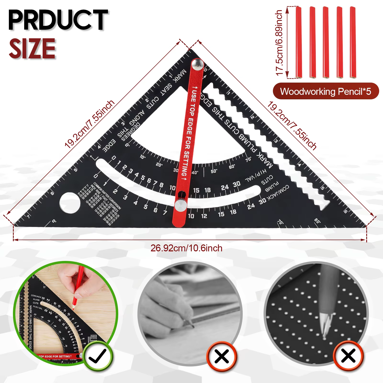 Règle triangulaire de menuiserie 7'' en alliage d'aluminium, équerre de charpentier réglable avec crayon pour la mesure, outil de menuiserie