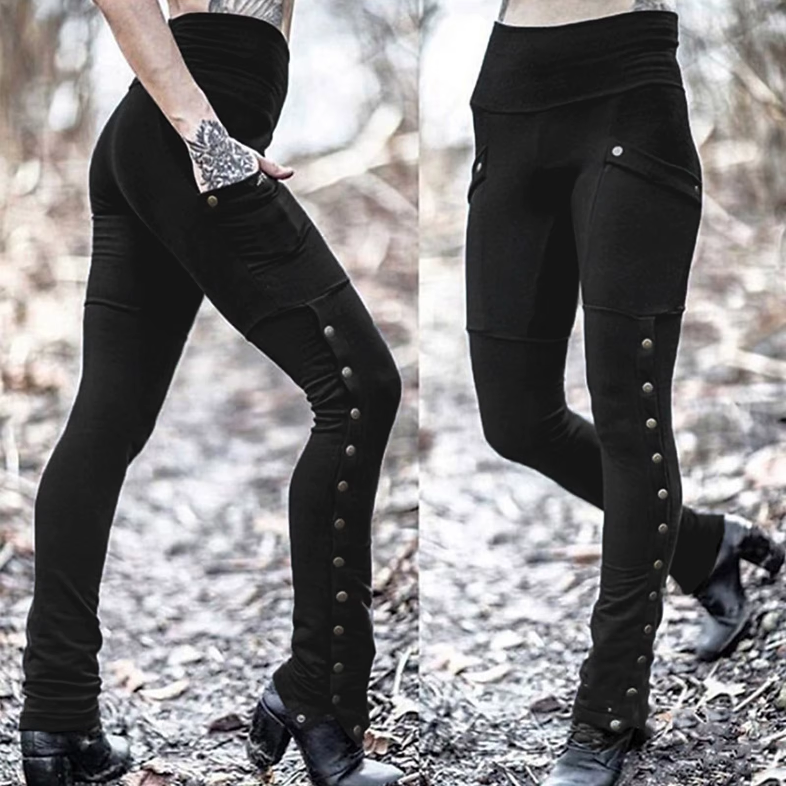Pantalon Crayon Noir pour Femme, Style Médiéval, Gothique, Steampunk, Rivet, Leggings Slim, Mode FjSexy, Taille Haute, Denim