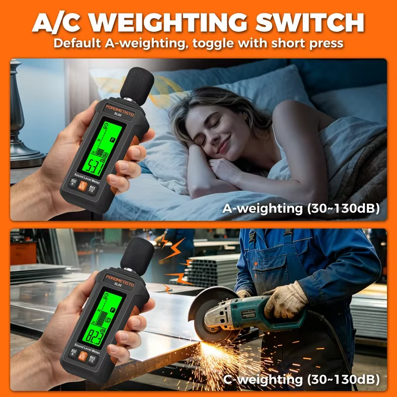 Sonometre numérique SL02 30-130dB avec pondération A/C, sonometre audio anti-vent, sonometre portable, mesure du niveau sonore en décibels, rétroéclairage LCD