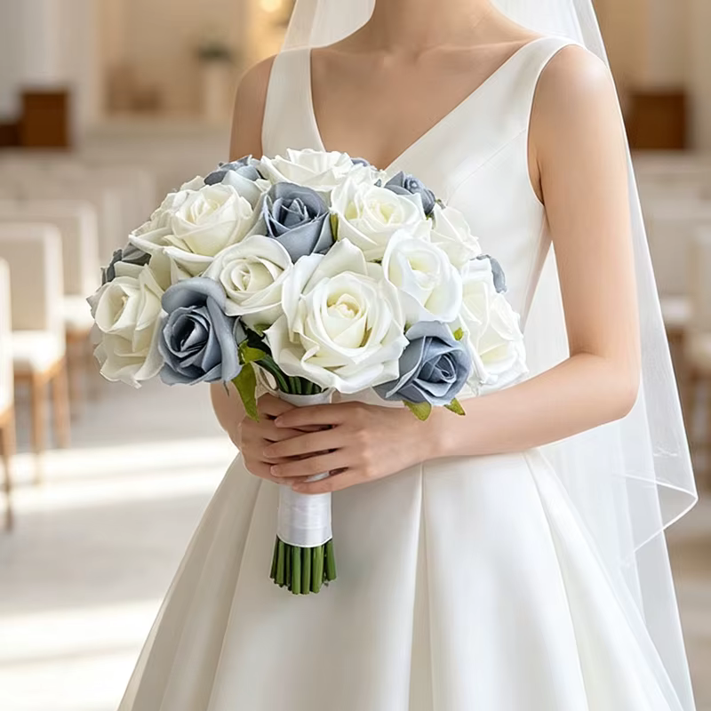Bouquet de mariée bleu poussiéreux, accessoires de mariage, bouquets de demoiselles d'honneur, fausses roses, fleurs artificielles, décoration de centre de table