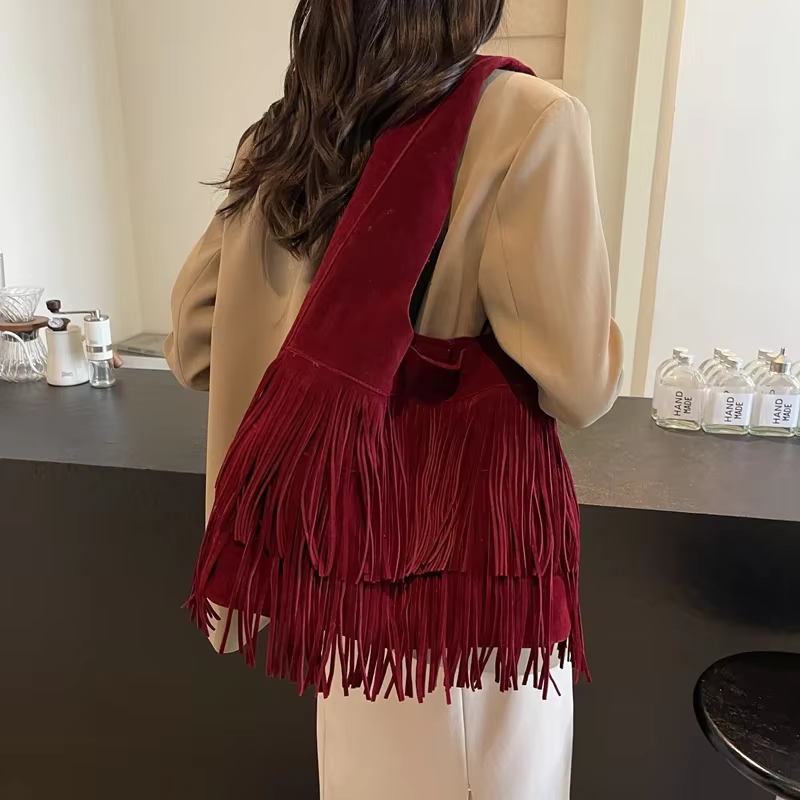 Sac à bandoulière en faux daim pour femme, sac fourre-tout de voyage à franges givrées, sac à main, pochette, sacs rétro, sac de banlieue vintage