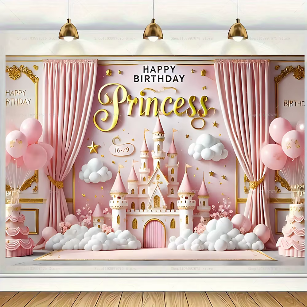 Arrière-plan de château de princesse rose 2D, décor de fête pour mariage, anniversaire, saint-valentin, arrière-plan de photographie, accessoires de stand de bannière