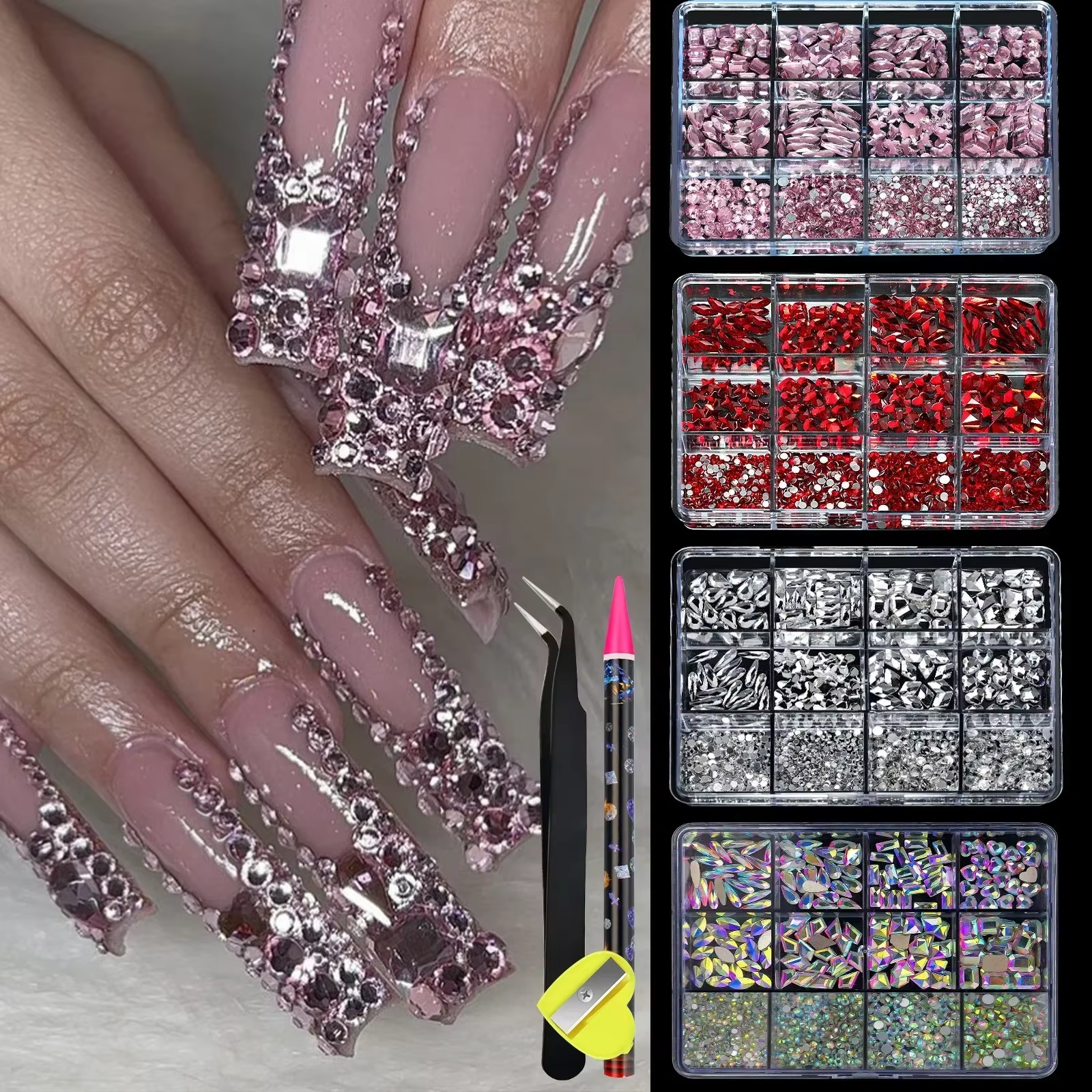 Strass à fond plat pour ongles, 12 grilles, verre de forme mixte, cristal, Kit de breloques de Luxe, accessoires de décoration d'ongles à faire soi-même