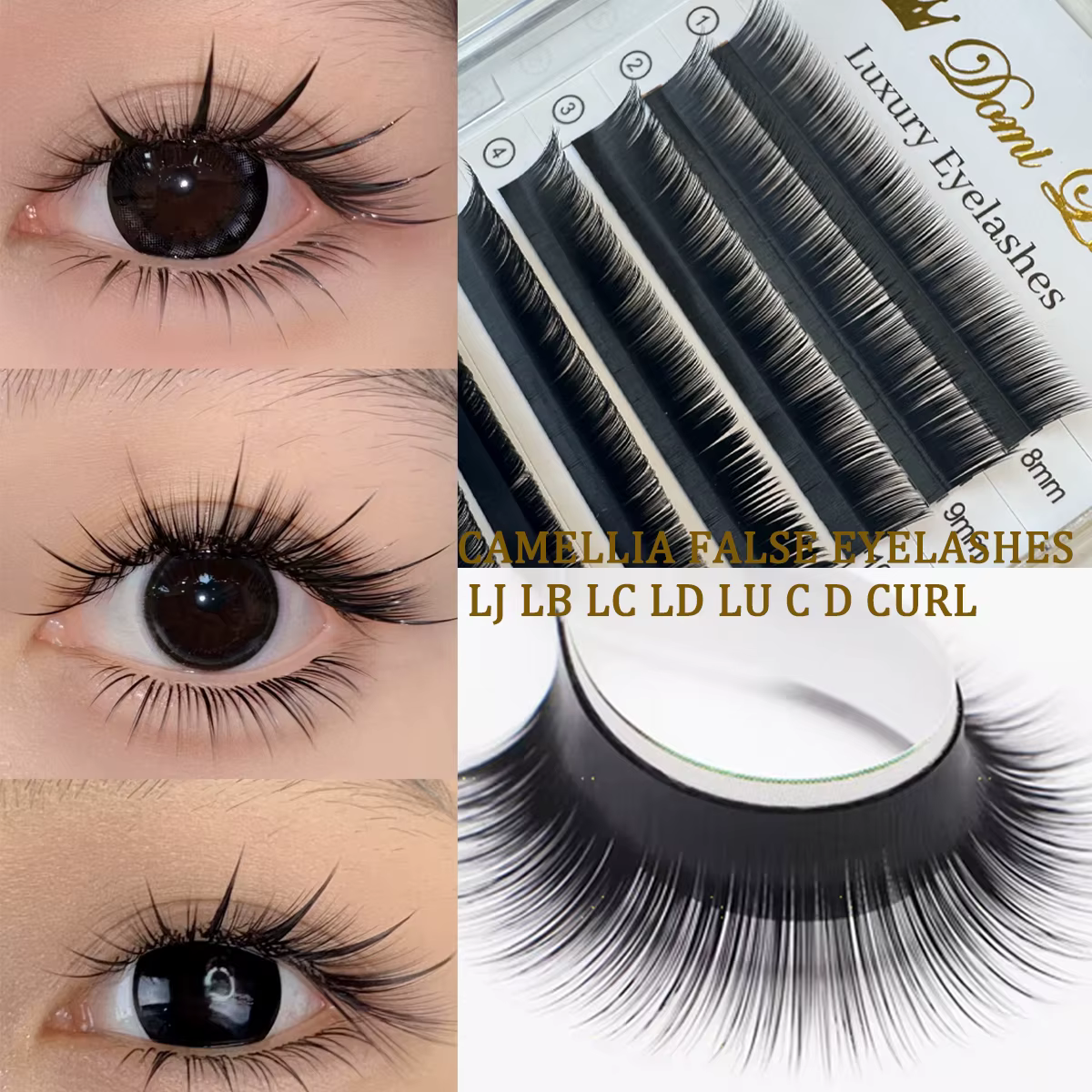 Domi Faux vison Faux Extensions de cils individuels LB LC LD LJ LU Curl Mix haute qualité Faux Camélia facile préfabriqué cils en éventail