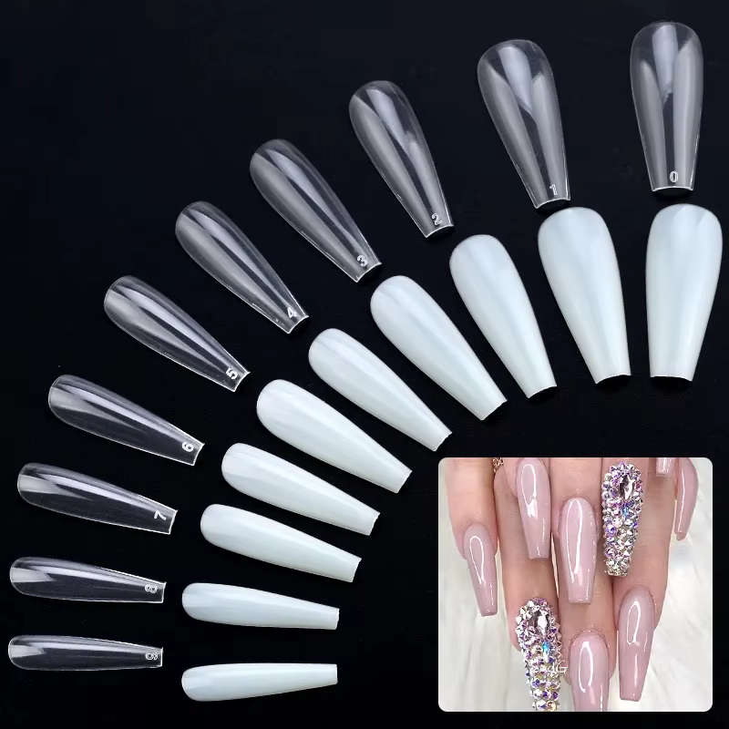 600 pièce/sac longue ballerine cercueil faux ongles conseils clair/couleur naturelle couverture complète faux ongles manucure acrylique presse outils d'art des ongles