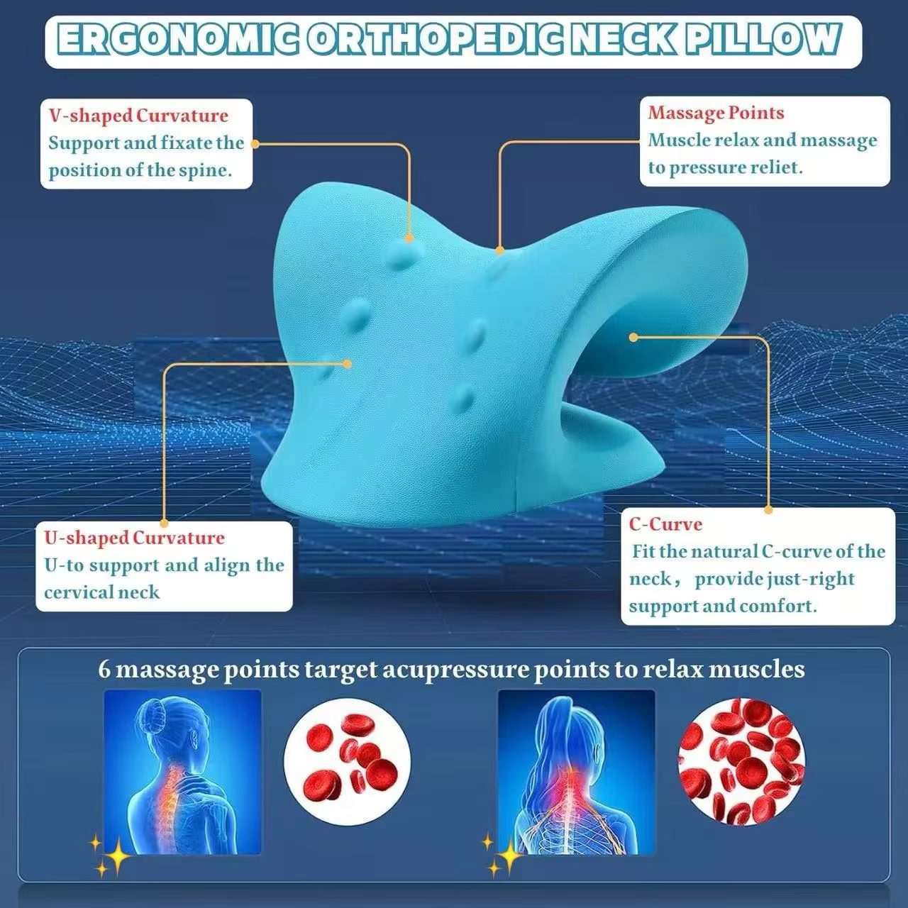 Oreiller chiropratique relaxant pour le cou, dispositif de traction cervicale, soulagement de la douleur TMJ, alignement de la colonne vertébrale, soutien des épaules pour un sommeil confortable