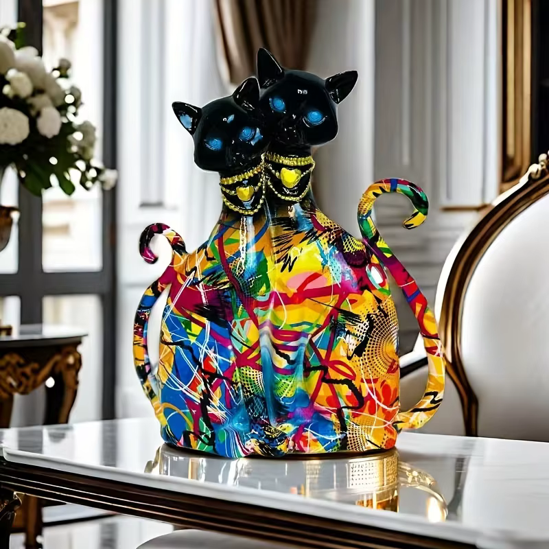 Statue de couple de chats en résine style graffiti coloré, yeux en pierre précieuse bleue, cadeau de la Saint-Valentin, décoration de chambre unique pour les amoureux des chats