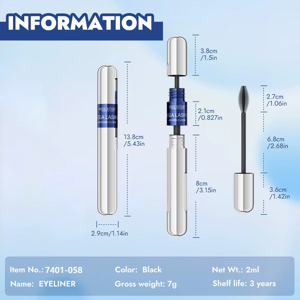 Ensemble de mascara noir MISS ROSE, mascara volumisant allongeant et recourbant à grande brosse, base de mascara waterproof, maquillage pour les yeux, cosmétique