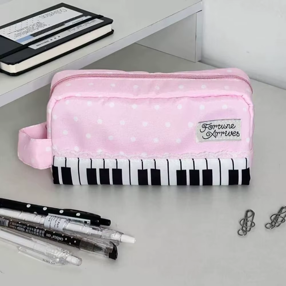 Étui à crayons Kawaii à pois avec imprimé touches de piano, pochette à crayons de grande capacité avec poignée, pochette de papeterie, cadeau, fournitures scolaires pour filles