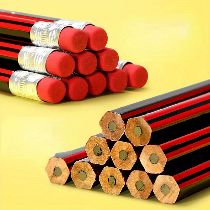 Crayons en bois HB avec gommes – Bûches rouges et noires pour écrire, dessiner et croquis – Idéal pour les étudiants et les fournitures de bureau