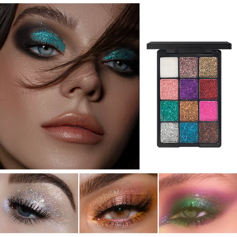 Palette de fards à paupières à paillettes de 12 couleurs - Métal diamant hautement pigmenté et durable et nuances mates pour un look de maquillage pour les yeux éblouissant