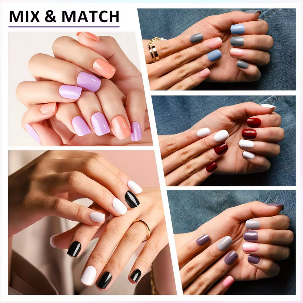 576 faux ongles brillants rouges, roses, marrons, 24 couleurs, courts, carrés, à presser, avec pointe française blanche et noire #