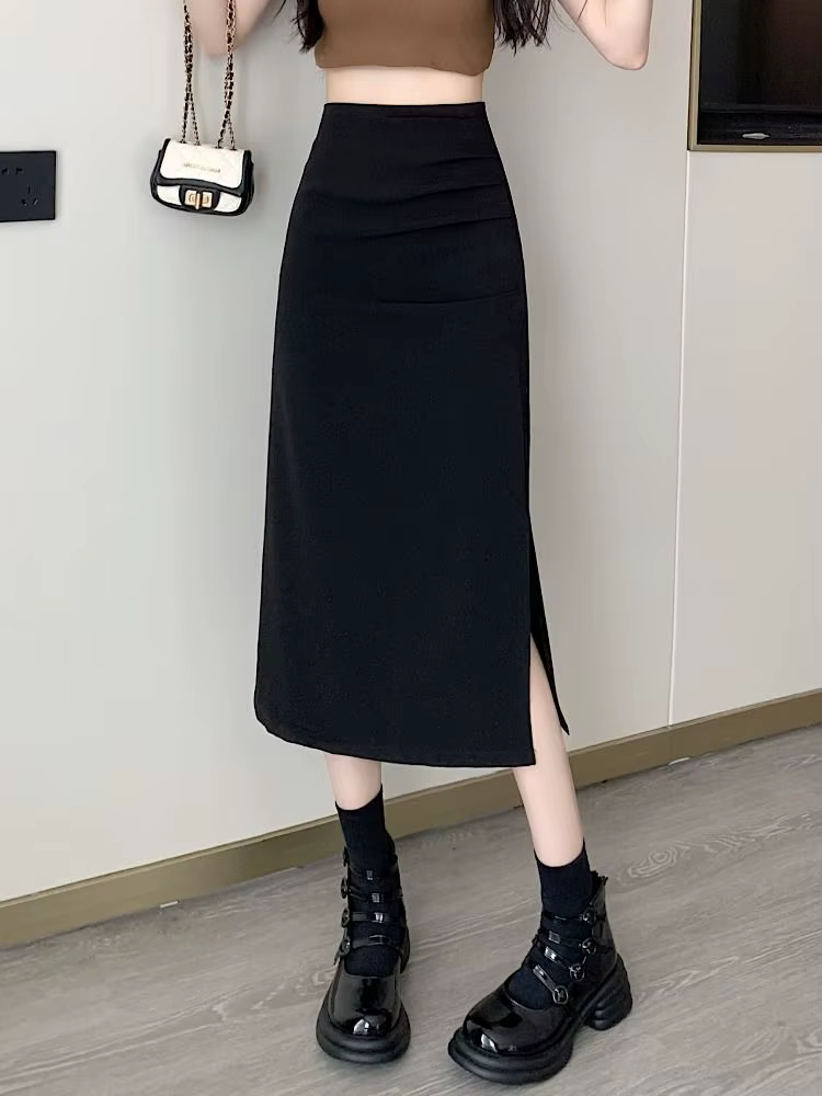 Jupes mi-longues fendues sur le côté pour femmes, style français, mince, plis élégants, simple, compromis, tendre, femme, sexy, all-match, mode ulzzang, été