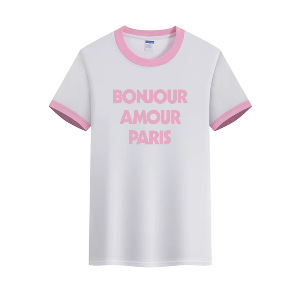 Français Vintage lettres impression sonnerie t-shirts femme été 100% coton à manches courtes hauts t-shirts décontracté col rond élégant t-shirts