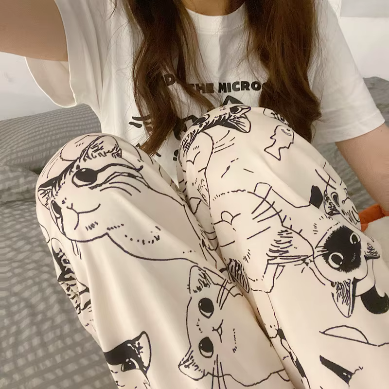 Pantalon de pyjama pour femme, motif chat de dessin animé Moe Big Battle, pantalon décontracté ample pour étudiante, pantalon de nuit pour femme