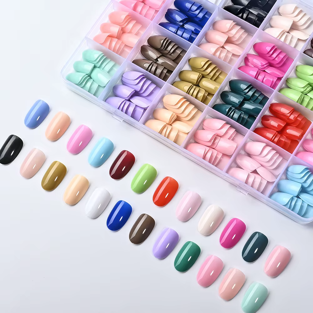 24 couleurs (288 pièces) Faux ongles courts ovales colorés, brillants, couleur unie, couverture complète, faux ongles DIY, manucure, ongles acryliques, pointes d'ongles
