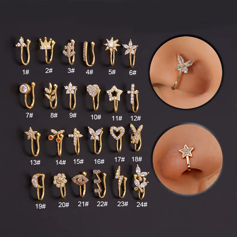 Faux Piercing pour femmes, 1 pièce, anneau de nez, manchette, bijoux pour le corps, tendance, boucles d'oreilles, cœur, étoile, fleurs, papillon, KAE197