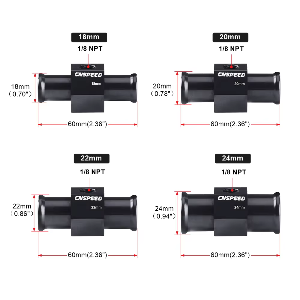 Adaptateur de raccord de tuyau de liquide de refroidissement noir pour capteur de température d'eau 1/8NPT 18mm 20mm 22mm 24mm