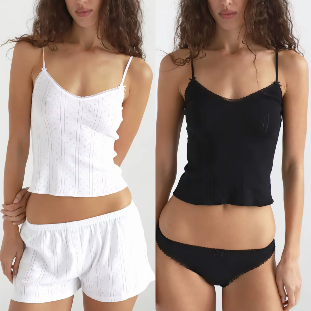 Camisole en coton pur à col en V avec dentelle, haut court à fines bretelles pour superposition, débardeur court en maille ajusté, camisole basique à nœud papillon