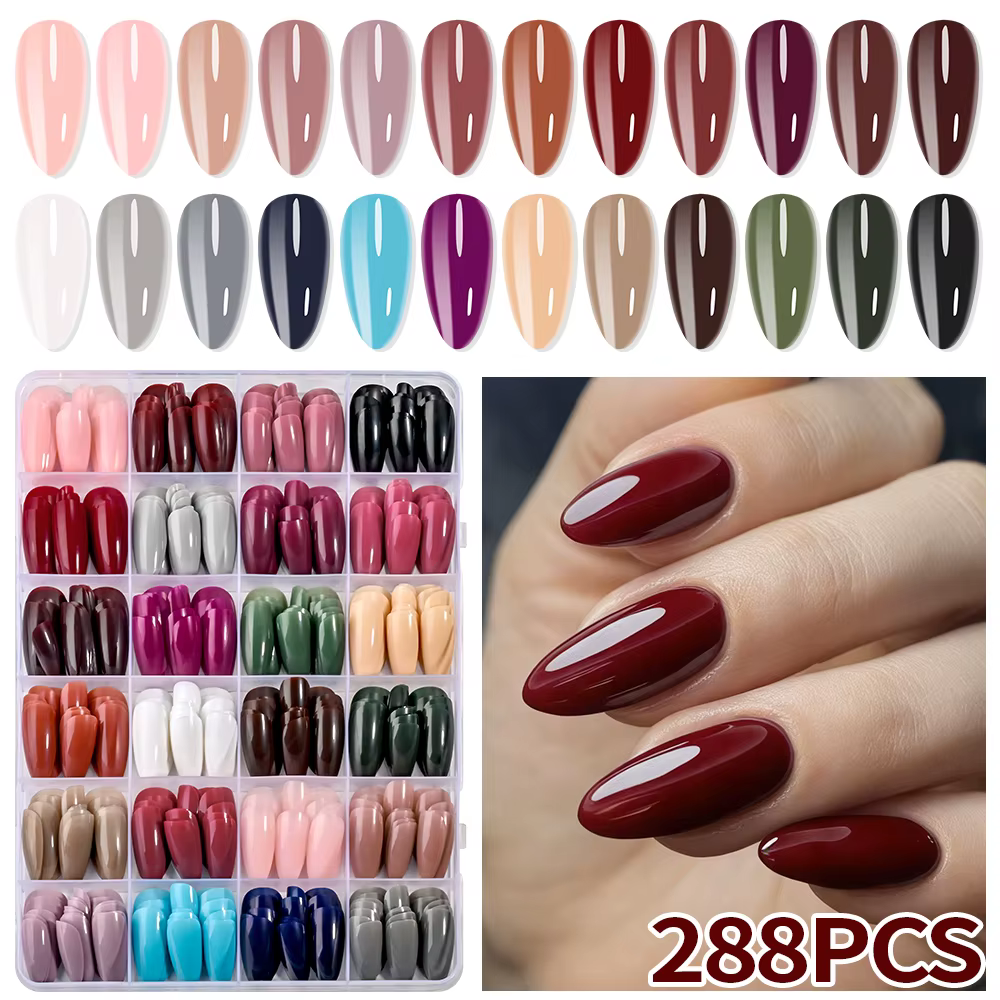 288 pièces/boîte couleur unie amande faux ongles moyen coloré Simple presse sur ongles mixte couverture complète amande faux ongles conseils pour les femmes
