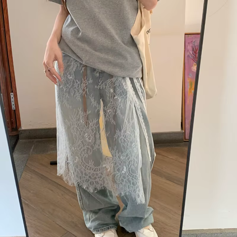 Jupes mi-longues en dentelle pour femmes, Design avec cordon de serrage, Style coréen élégant, ligne a, taille haute, fente latérale irrégulière, mode rue, printemps été