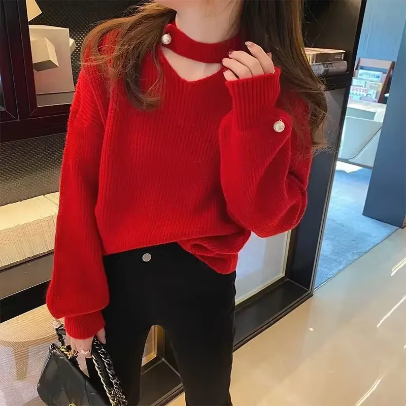 Pull en tricot à col en V rouge pour femme, pulls au crochet, tricots chauds, mode coréenne vintage, hiver froid, Y2K, années 90, nouveau