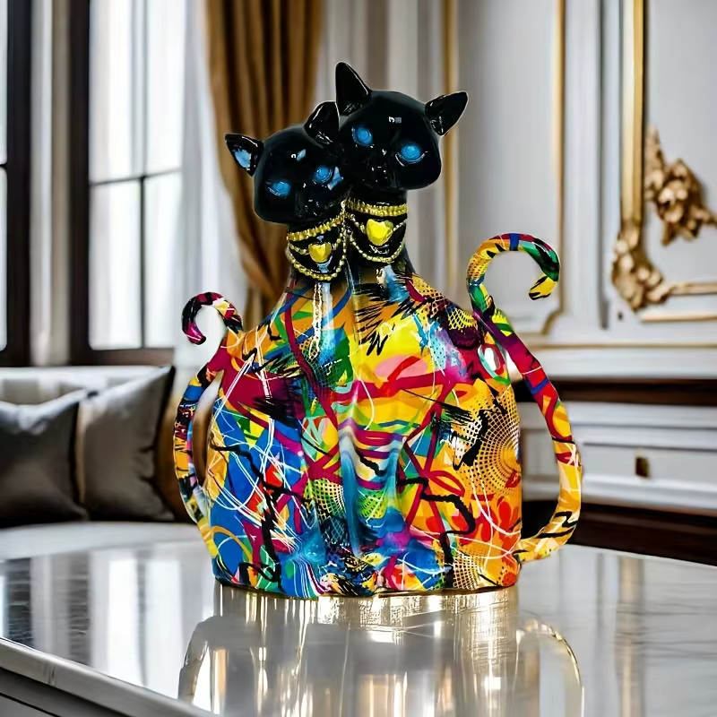 Statue de couple de chats en résine style graffiti coloré, yeux en pierre précieuse bleue, cadeau de la Saint-Valentin, décoration de chambre unique pour les amoureux des chats