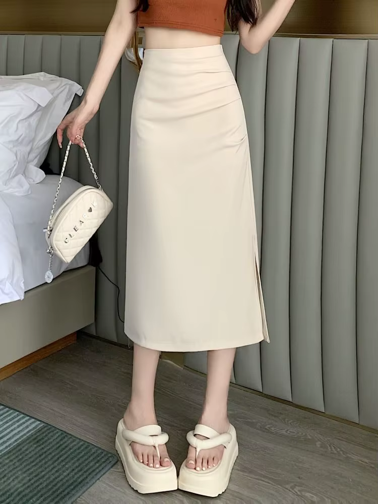 Jupes mi-longues fendues sur le côté pour femmes, style français, mince, plis élégants, simple, compromis, tendre, femme, sexy, all-match, mode ulzzang, été