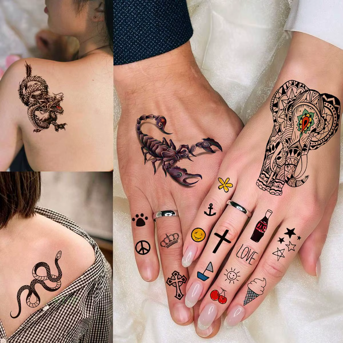 Tatouages Temporaires Petits Animaux, Faux Crâne Noir, Autocollant Imperméable, Minuscules et Réalistes, pour Adultes, Doigt et Bras, 66 Feuilles