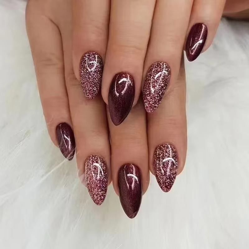 24 faux ongles rouges bordeaux simples, design mi-long, en amande, à presser, prêts à poser, à tête ronde, ovales, à couverture complète