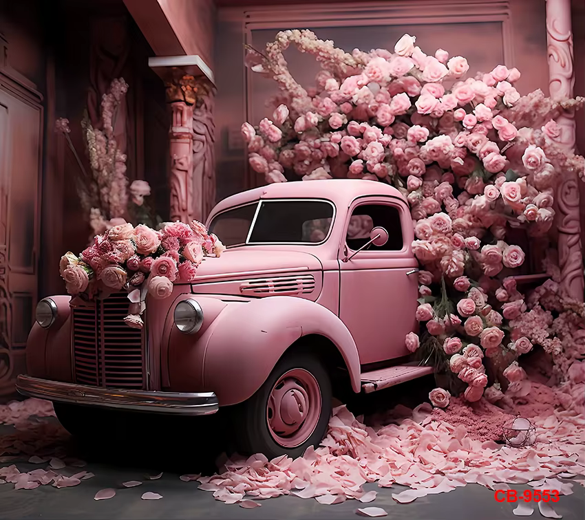Fond de photographie pour la fête de Léon, camion rose romantique, floral, anniversaire adulte, mariage, décor de portrait, arrière-plan
