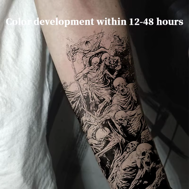 Tatouages temporaires fantaisie pour adolescents : autocollants détaillés de squelette de démon, de démon tueur et de démon foule, à base de plantes.