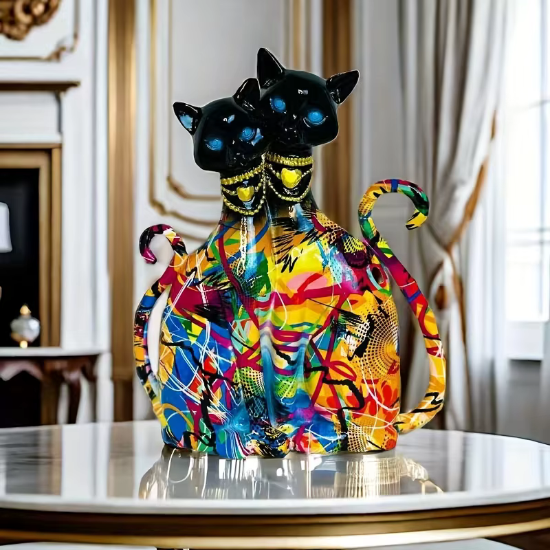 Statue de couple de chats en résine style graffiti coloré, yeux en pierre précieuse bleue, cadeau de la Saint-Valentin, décoration de chambre unique pour les amoureux des chats