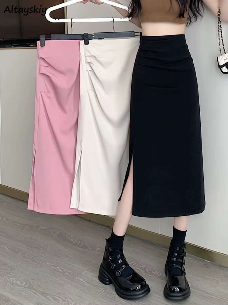 Jupes mi-longues fendues sur le côté pour femmes, style français, mince, plis élégants, simple, compromis, tendre, femme, sexy, all-match, mode ulzzang, été