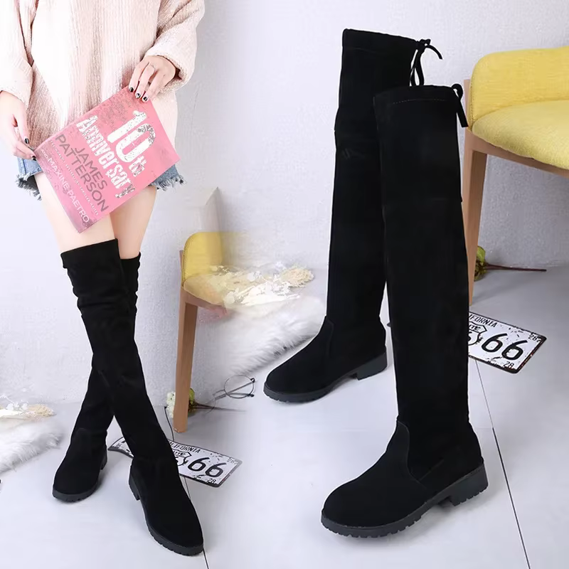 Cuissardes élastiques au genou pour femmes, faux daim, talons pour femmes, tube à lacets, bottes noires, automne, hiver, 2025