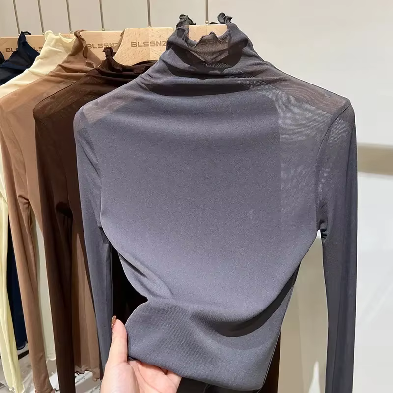 Chemisier astronomique en dentelle à col roulé pour femme, manches longues, vêtements en gaze fine, transparent, mode printemps et automne