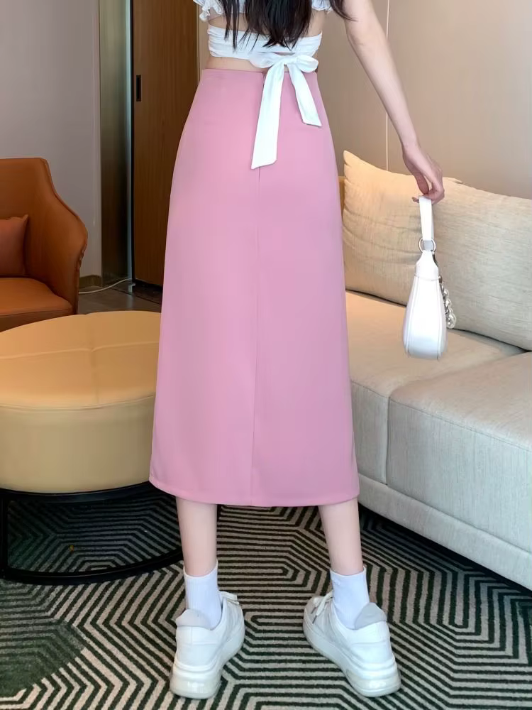 Jupes mi-longues fendues sur le côté pour femmes, style français, mince, plis élégants, simple, compromis, tendre, femme, sexy, all-match, mode ulzzang, été