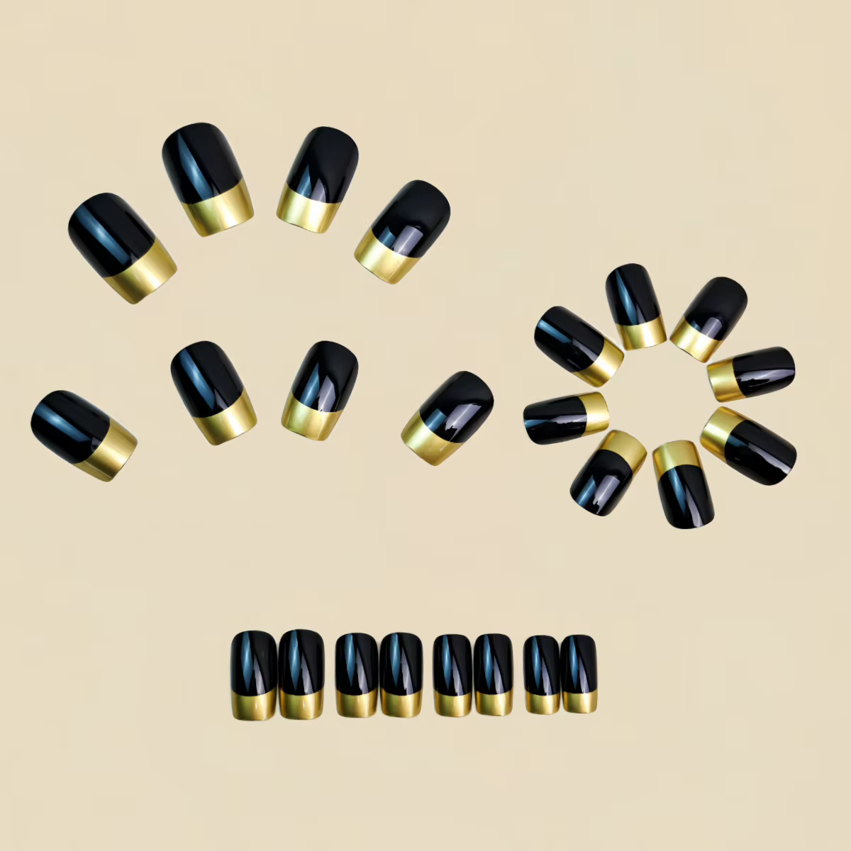 Faux ongles carrés moyens, finition brillante, Double couleur, Style français, violet, argent, noir, doré, Combo, ensemble d'art pour faux ongles à pression