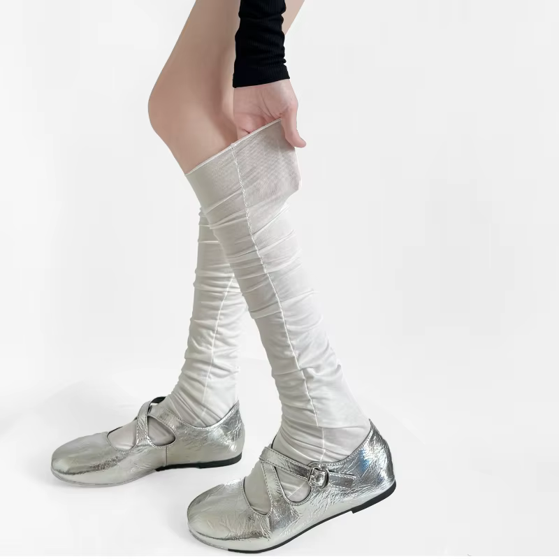 Bas fins en coton pour femmes, couleur unie, noir, blanc, gris, bas de cuisse hauts, Style japonais, chaussettes hautes pour femmes