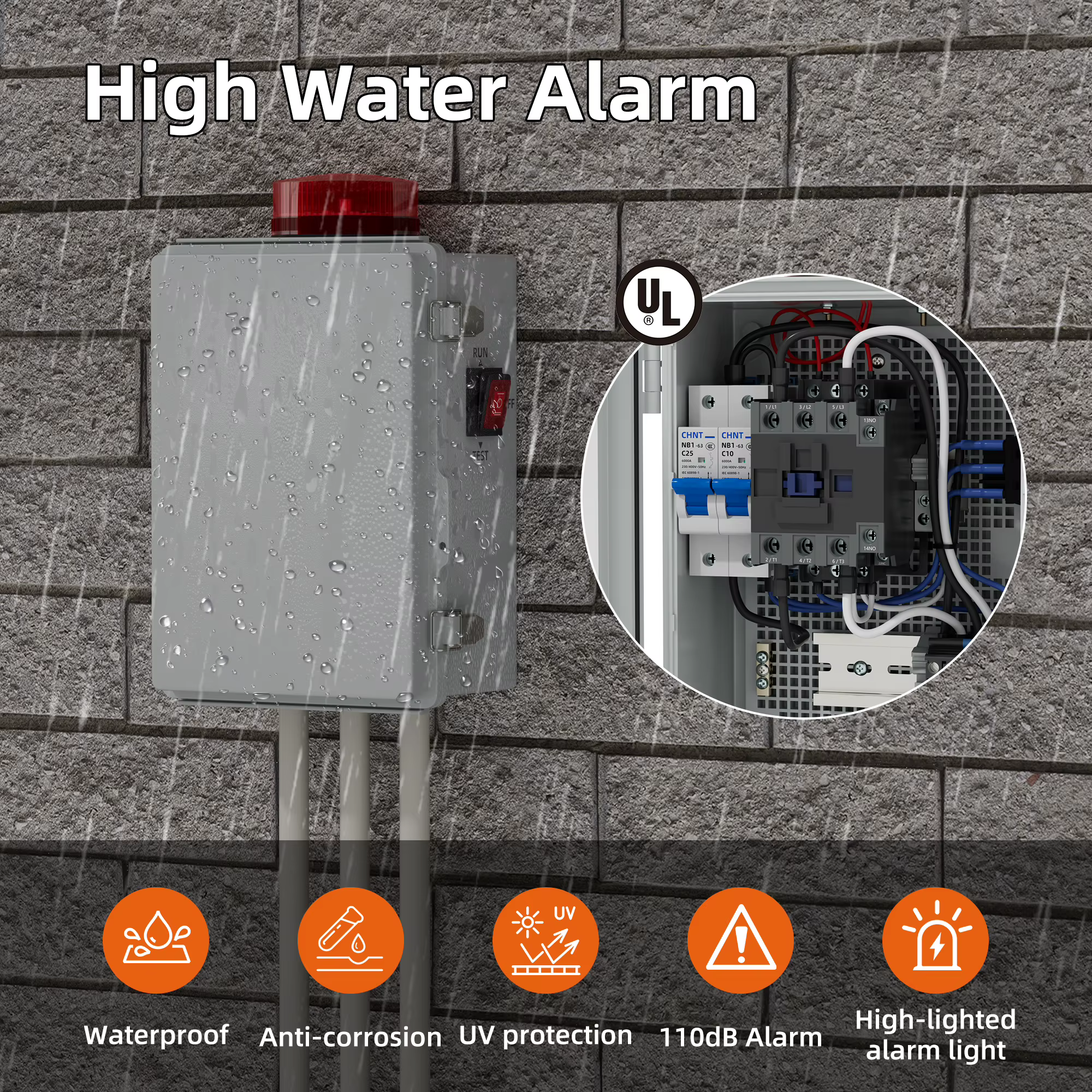 Alarme d'eau de pompe de puisard, détecteur d'eau de réservoir séptique étanche pour sous-sols avec lumière Flash et alarme 110dB