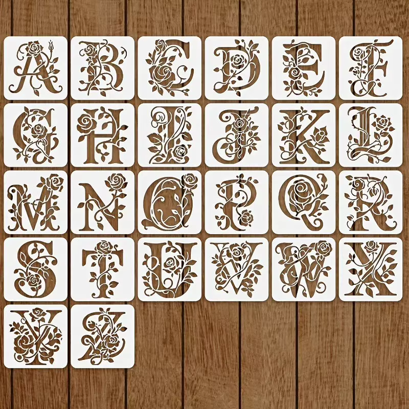 36 modèles de lettres florales réutilisables, pochoirs de peinture de lettres roses, pochoirs de graffiti ajourés, moules d'impression jet d'encre pour décoration murale