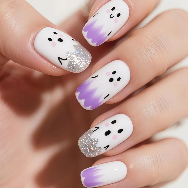 24 faux ongles avec une base nude et une surface noire brillante, et un design à bout français métallique doré miroir