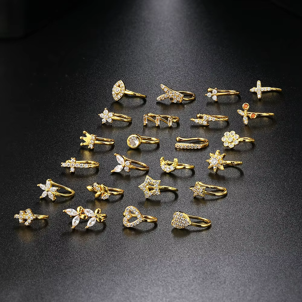 Faux Piercing pour femmes, 1 pièce, anneau de nez, manchette, bijoux pour le corps, tendance, boucles d'oreilles, cœur, étoile, fleurs, papillon, KAE197