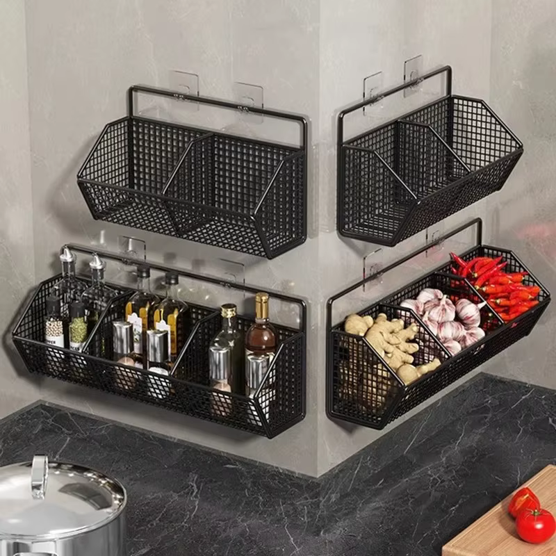Étagère de rangement murale de cuisine, oignon, gingembre, ail, condiments, épices, étagère de cuisine, panier de vidange de fruits et légumes sans poinçon