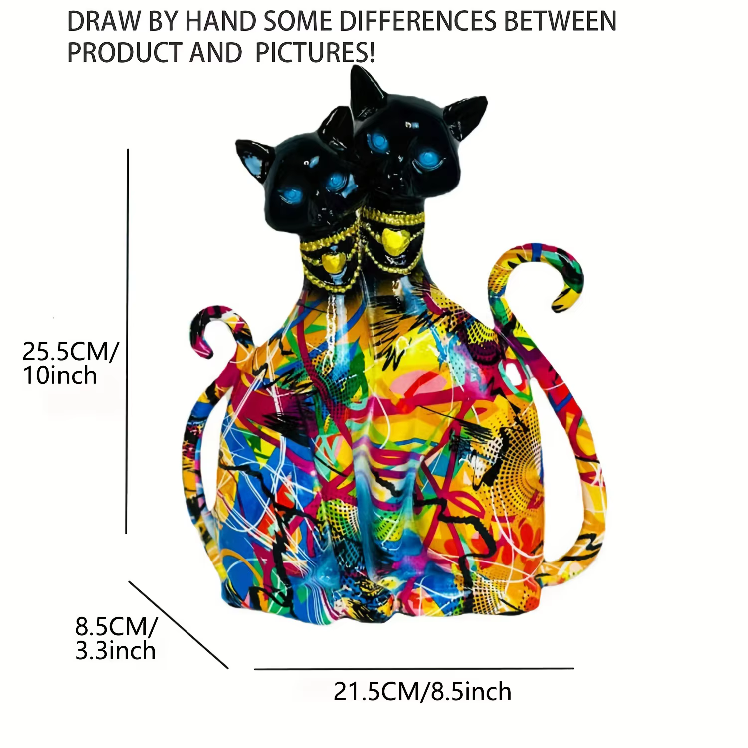 Statue de couple de chats en résine style graffiti coloré, yeux en pierre précieuse bleue, cadeau de la Saint-Valentin, décoration de chambre unique pour les amoureux des chats