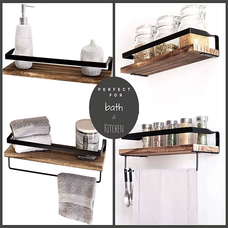 Accessoires de salle de bain et de cuisine : Étagère murale flottante en bois massif à fixer par perçage, pour rangement d'accessoires et matériel de rangement.