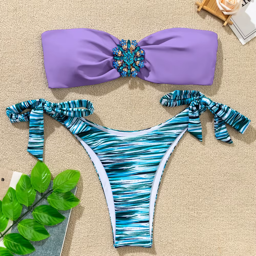 Maillot de bain femme 2026, mini bikini 2 pièces sexy, sans bretelles, dos nu, avec accessoires floraux en strass, pour la plage d'été
